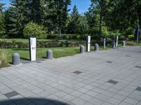 a public park with lots of concrete poles and trees in the background, with a paved area to the right