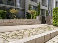 a street with plants and concrete blocks on it on a sunny day next to the building