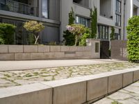 a street with plants and concrete blocks on it on a sunny day next to the building