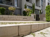 a street with plants and concrete blocks on it on a sunny day next to the building