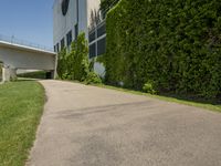 a sidewalk and some hedges in front of a building on a sunny day with no people