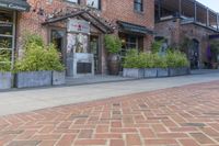 a brick path in front of the store on a sunny day in this area of town