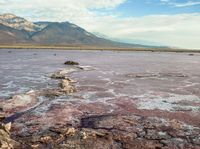 an open plain with mountains in the distance and a lake running through the middle of it