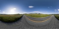 three different angles of an empty road and grassy hillsides on a sunny day, showing a straight bend in the middle