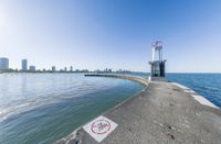 a no swimming sign is posted on the water near a pier with city skyline in background