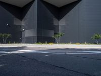 the black exterior of an industrial building with multiple trees planted along it in a street