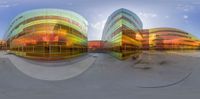 multiple spherical pictures depicting two different architectural buildings on a sunny day in a city park