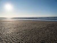 a lone person with a surfboard in the sunlight on a beach area with a body of water