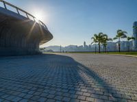 a walkway with an arch and palm trees along it on a sunny day near the water