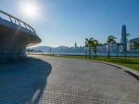 a walkway with an arch and palm trees along it on a sunny day near the water