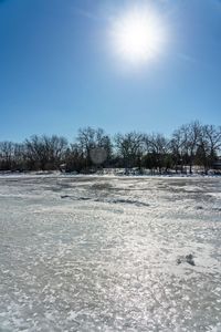 an area with a snow covered field and bare trees in the background at sun,