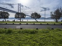 an over head view of the bay bridge and cars going on a road by the grass