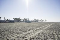 people walk on sand at a beach, near the ocean in the distance is a sky with few cloudless, and blue skies