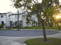 a white building with a large window sitting on the corner of an empty street next to a tree and a road