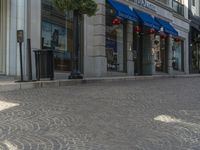 the dog walking down the sidewalk in front of a building with blue awnings