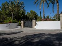 the gate to a building at the entrance to an upscale estate with palm trees in the background