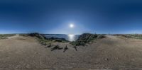 a panorama photo showing an arid ocean and beach area with some plants growing on the shoreline