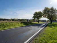 an empty road is lined with grassy meadows and trees in the sun near a park