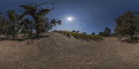 the sun shines brightly on a clear day, while a man rides a dirt bike on a trail