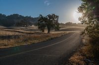 a lonely country road runs through a rural country area at sunrise or sunrise hour, and is illuminated by the rising sun