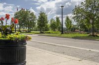 a potted planter is on a street corner with grass and flowers next to the road