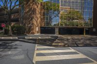 a crosswalk at an intersection near a building and trees in the background on a sunny day