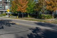 the two yellow and white street signs have some red leaves on it and yellow poles are beside them