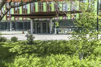 green and white grass and trees near a building that has a sign that says'office, with a man on the sidewalk near by
