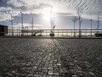 the sun shines on a cobblestone road with a bench and benches in front