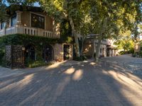 a street with houses and trees and a fountain in the center of it's sidewalk