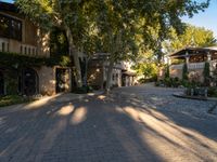 a street with houses and trees and a fountain in the center of it's sidewalk