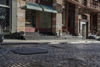 a street scene with old buildings and bicycles parked on the sidewalk, on a sunny day
