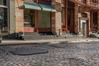 a street scene with old buildings and bicycles parked on the sidewalk, on a sunny day