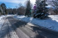 snow - covered roadway with evergreens near an intersection on a sunny winter day with the sun shining