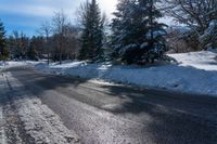 snow - covered roadway with evergreens near an intersection on a sunny winter day with the sun shining