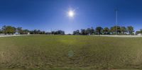 a 360 view of a field with a light in the background and trees in the foreground