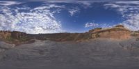 a view from a fish eye lens, of the red rocks and blue sky above