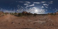 a view from a fish eye lens, of the red rocks and blue sky above