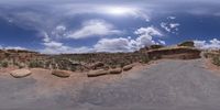 a view from a fish eye lens, of the red rocks and blue sky above