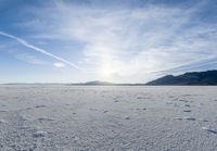 footprints on the snow of a vast open plain with a bright sky in the background