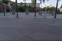 a parking lot with three tall palm trees, some lighting posts and two small buildings