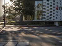 Sunrise over Los Angeles cityscape with modern architecture and tree-lined roads