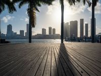 the view of a city in the sun with some palm trees next to the boardwalk