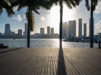 the view of a city in the sun with some palm trees next to the boardwalk