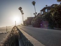 the sun is setting over a coastal street lined with palm trees and stone walling