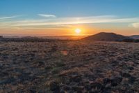 the sun shines brightly in the desert at sunset with a large field of dry grass