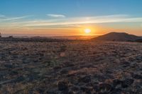 the sun shines brightly in the desert at sunset with a large field of dry grass