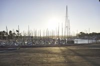 there are many sailboats and sail boats on the water in this harbor at sunset