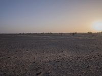 a desert area with sparse brown dirt and a sunset sky in the background behind it