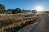 the sun sets over a grassy field behind the road and trees in the background as the sun is setting on the horizon